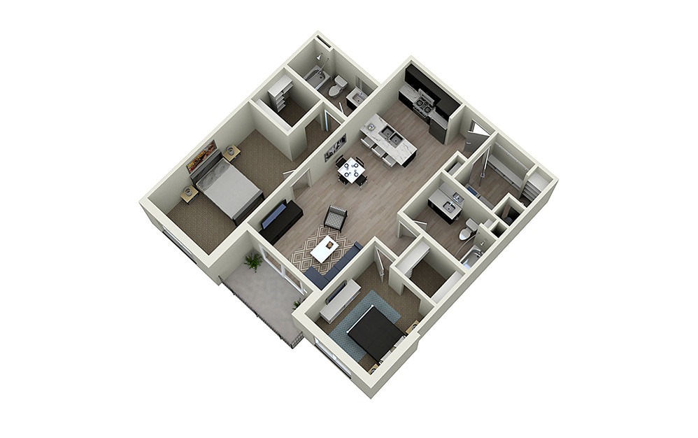 2C - 2 bedroom floorplan layout with 2 baths and 1104 square feet.