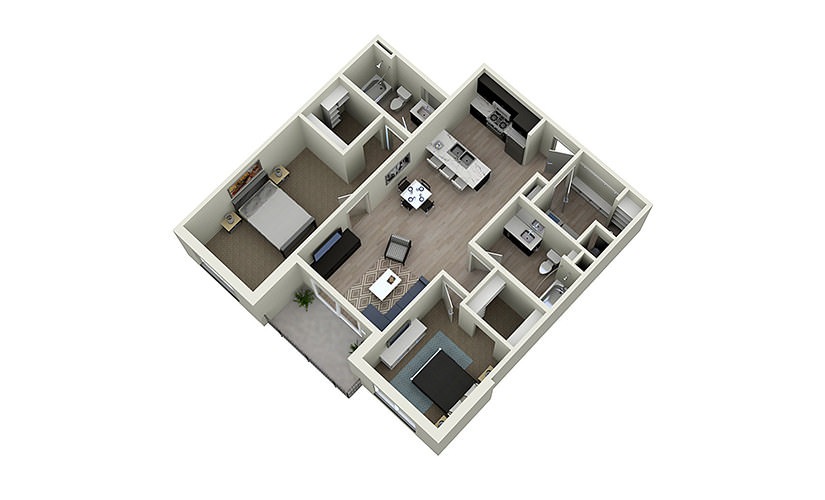 2C - 2 bedroom floorplan layout with 2 bathrooms and 1104 square feet