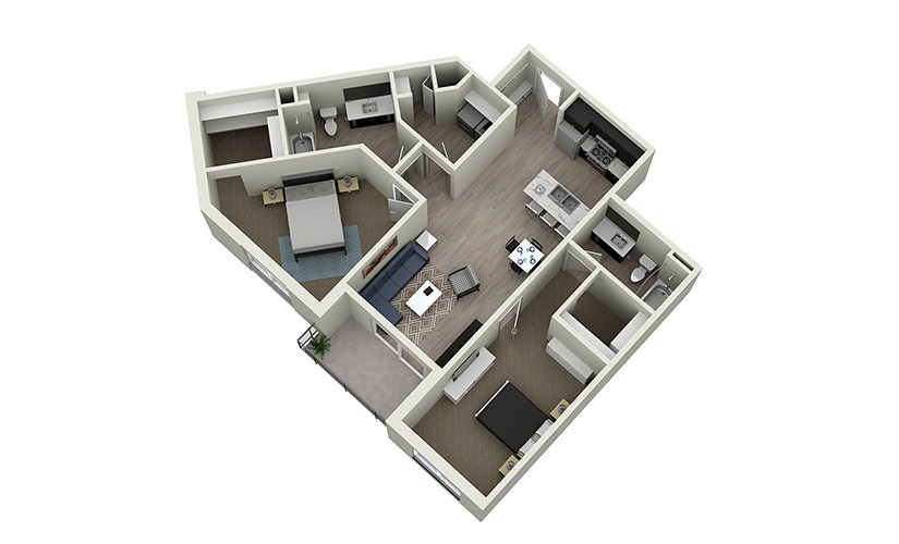 2D - 2 bedroom floorplan layout with 2 bathrooms and 1210 square feet
