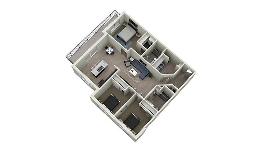 3A - 3 bedroom floorplan layout with 2 bathrooms and 1345 square feet