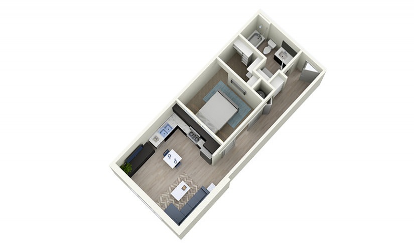 1A efficiency - 1 bedroom floorplan layout with 1 bathroom and 633 square feet