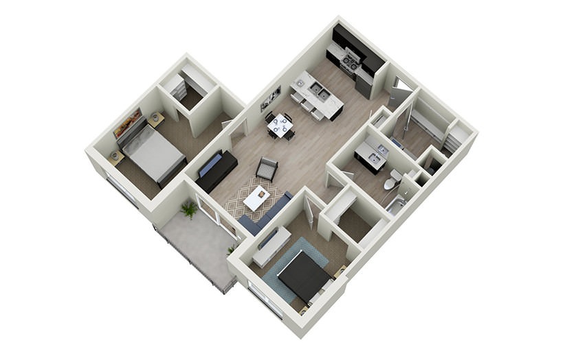 2A - 2 bedroom floorplan layout with 1 bathroom and 976 square feet
