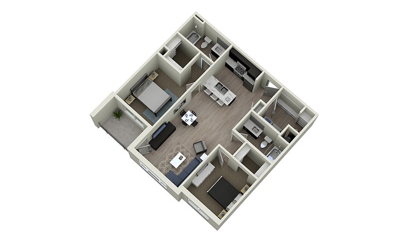 2B - 2 bedroom floorplan layout with 2 bathrooms and 1053 square feet
